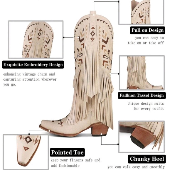 NEW RETRO FRINGE TASSEL WOMENS WESTERN BOOTS MID-CALF EMBROIDERY PLATFORM BOOTS - Picture 4 of 8